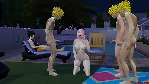 Sakura Follada por los clones de Naruto Gangbang al frente de Sasuke su Marido cornudo Netorare